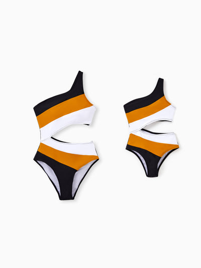 Mommy & me Colorblock Cut Out Waist One-Shoulder One-piece Swimsuit Multi-color