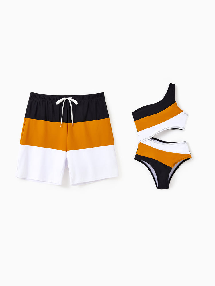 Daddy & Daughter Colorblock Swim Trunks Shorts or Cut Out Waist One-Shoulder One-piece Swimsuit Multi-color