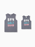 Daddy & Son Letter Print Sleeveless Tank Top Set Grey
