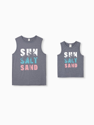 Daddy & Son Letter Print Sleeveless Tank Top Set Grey