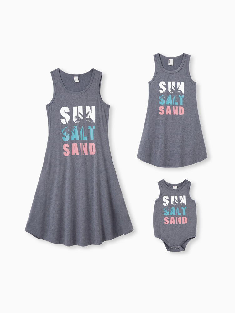 Mommy & me Letter Print Sleeveless Tank Dress Set Grey