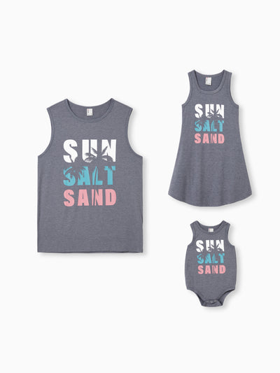Daddy & Daughter Letter Print Sleeveless Tank Top or Tank Dress Set Grey