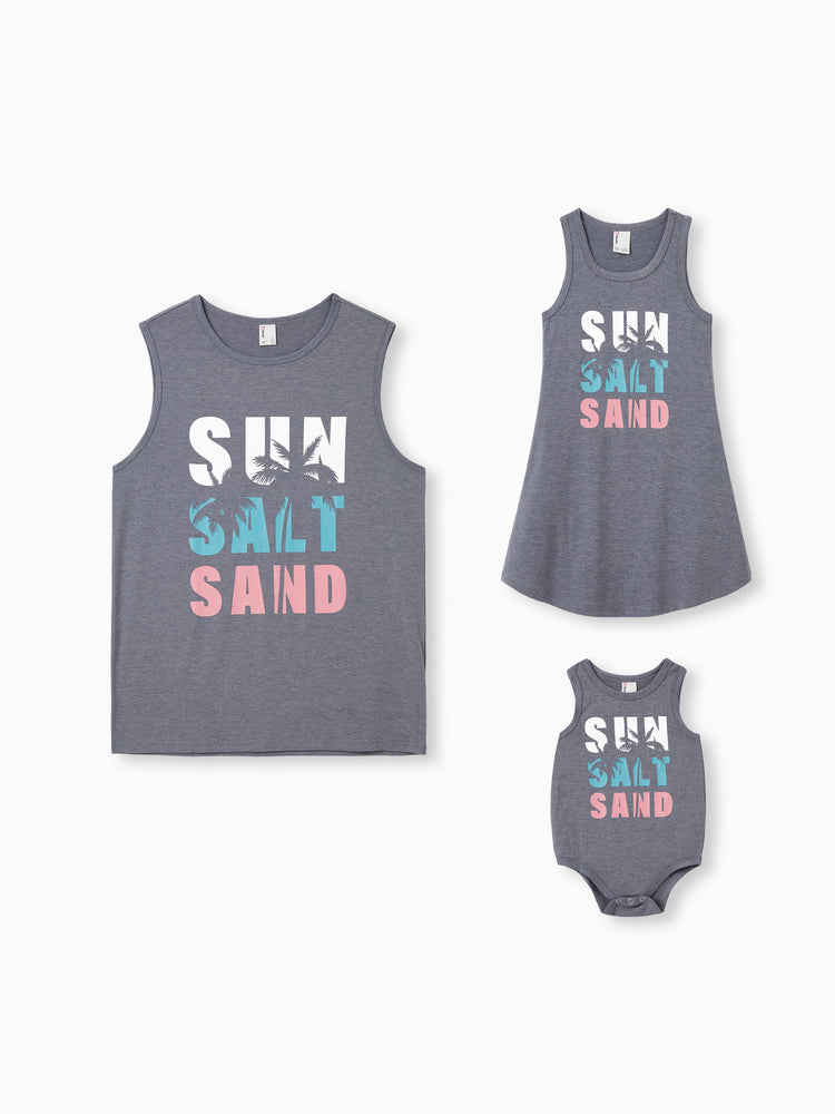 Daddy & Daughter Letter Print Sleeveless Tank Top or Tank Dress Set Grey