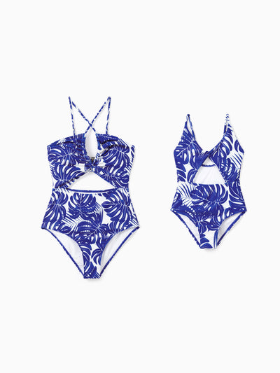 Mommy & me Tropical Leaf Print Hollow-out  Crisscross Straps One-piece Swimsuit Blue