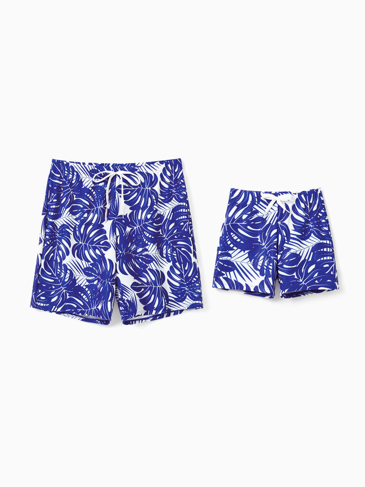 Daddy & Sohn Tropischer Blattdruck Badeshorts Blau