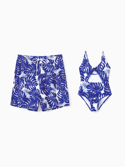 Daddy & Daughter Tropical Leaf Print Swim Trunks or Hollow-out  Crisscross Straps One-piece Swimsuit Blue