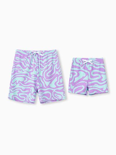 Daddy & Son Trendy Purple & Blue Wave Print Swim Trunks Purple