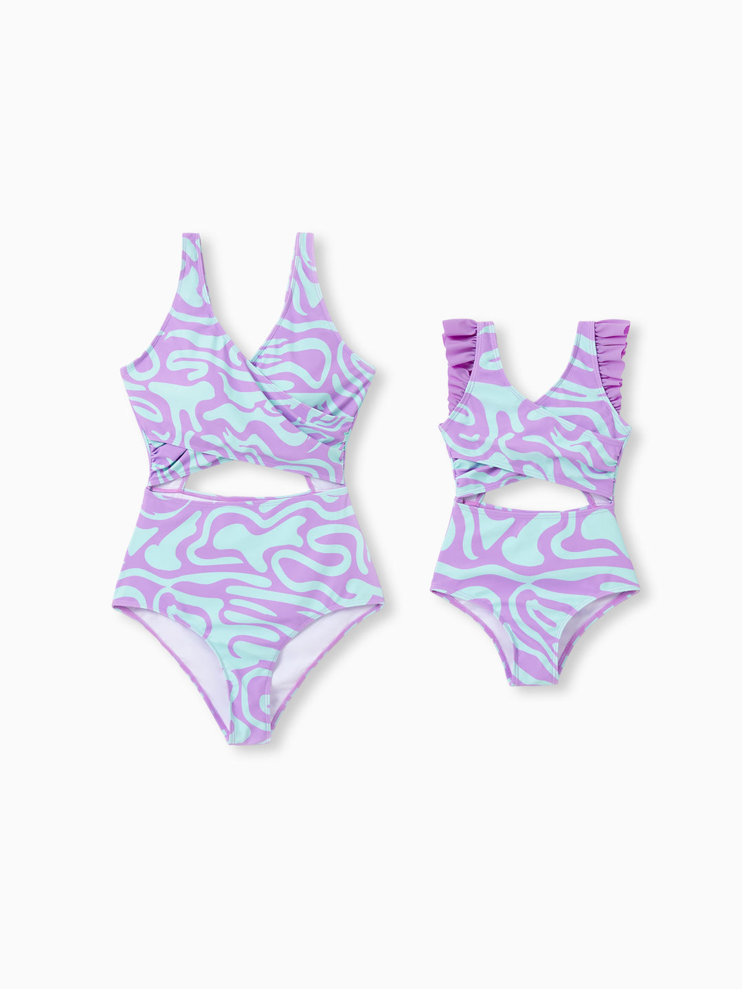 Mommy & me Trendy Purple & Blue Wave Print Midriff Cutout One-Piece Swimsuit Purple