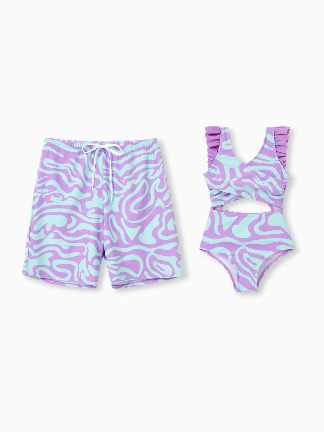 Daddy & Daughter Trendy Purple & Blue Wave Print Swim Trunks or Midriff Cutout One-Piece Swimsuit Purple