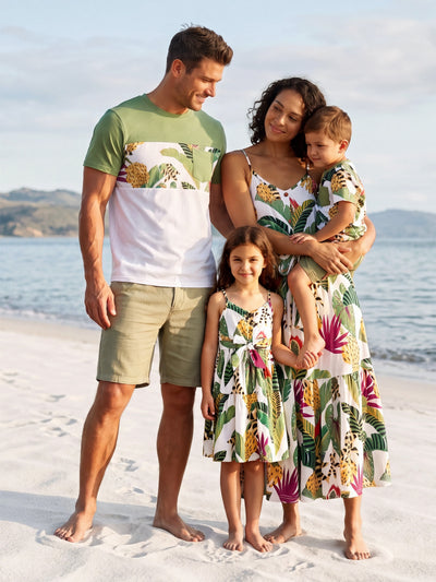 Family Matching Tropical Floral Print Short-sleeve Top or Camisole Dress Set Multi-color
