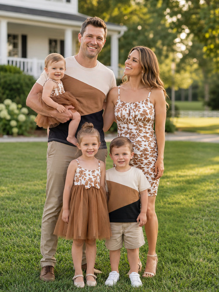 Family Matching Colorblock Cotton Tee or Flora Print Strap Body-con Dress or Mesh Splicing Dress Khaki