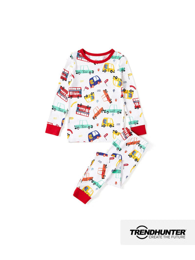 Snug-fitting two-piece bamboo pajamas with childlike animal print, red, baby/toddler.