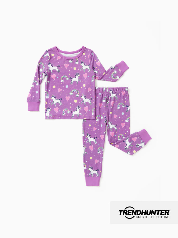 Pyjama 2 pièces en bambou pour bébé/enfant, imprimé animal, coupe ajustée, violet