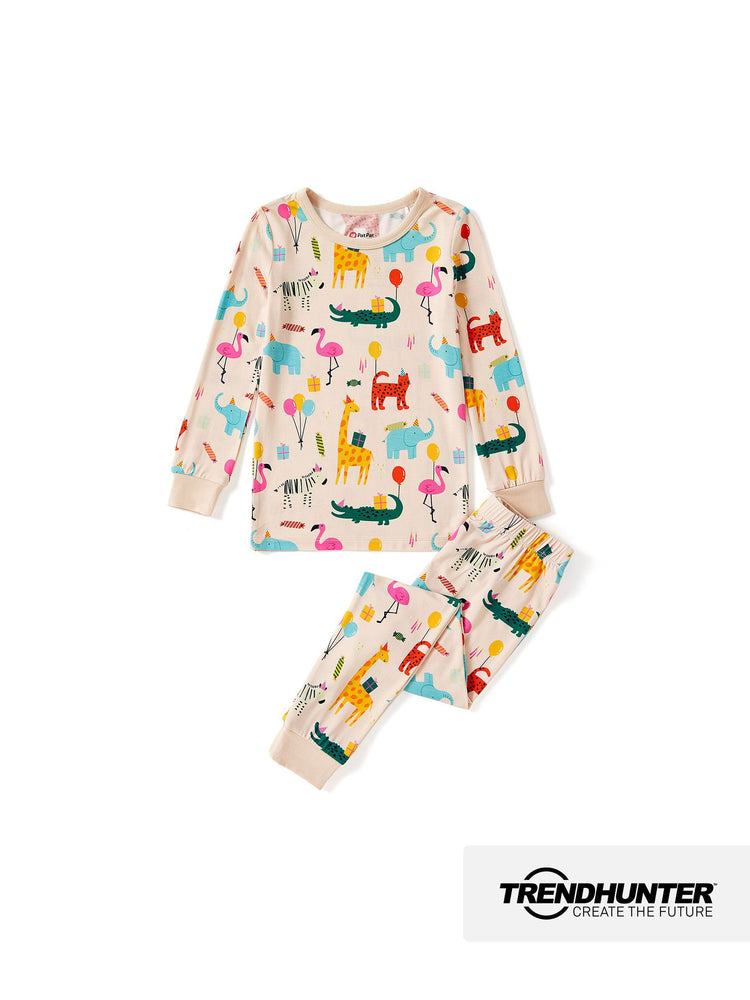 Snug-fitting two-piece bamboo pajamas with childlike animal print, apricot, baby/toddler.
