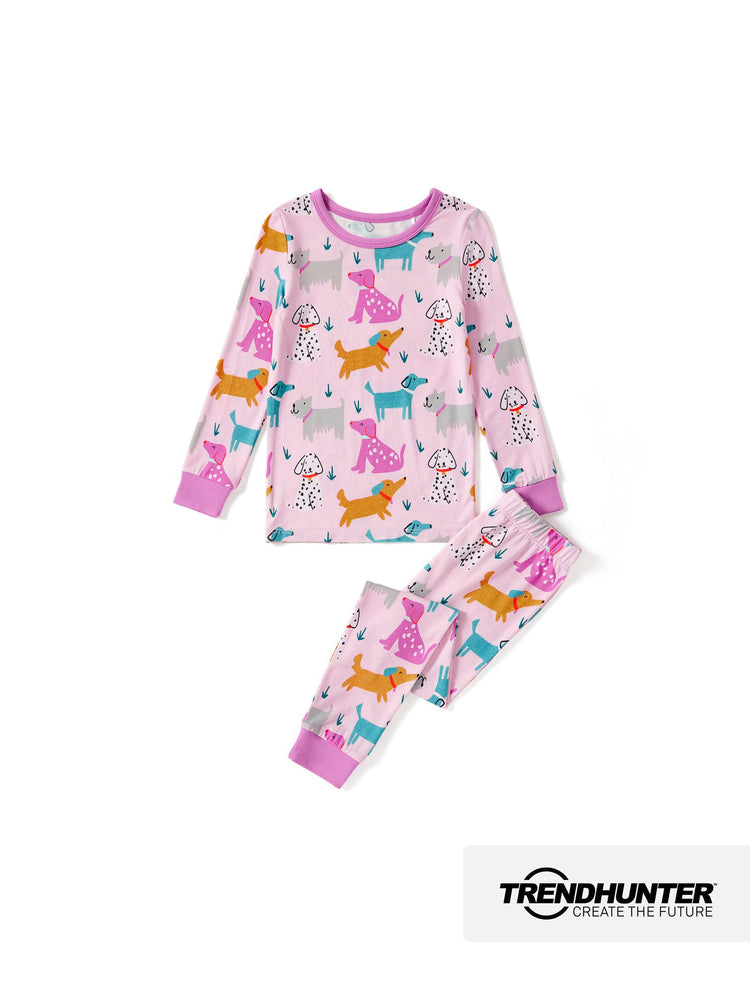 Snug-fitting two-piece bamboo pajamas with childlike animal print, hot pink, baby/toddler.