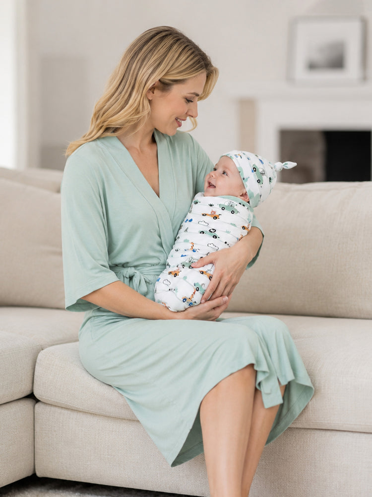 Neugeborenen-Bambus-Set für Mama & Baby – Ultraweicher Bambus-Bademantel für Mama, Pucktuch mit Mütze, Atmungsaktiv & Sanft für die Neugeborenenpflege Mintgrün