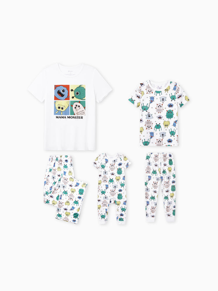 Mommy & me Bamboo Family Pajamas Cute Little Monster Print Short-sleeve Matching Pajama Set ( Snug-Fitting for Children ) White