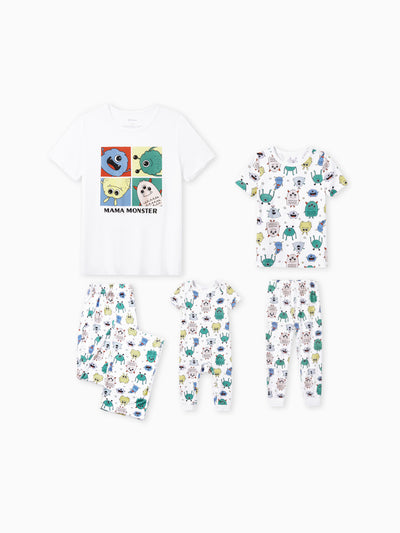 Daddy & Son Bamboo Family Pajamas Cute Little Monster Print Short-sleeve Matching Pajama Set ( Snug-Fitting for Children ) White