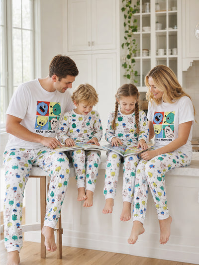 Bamboo Family Pajamas Cute Little Monster Print Short-sleeve Matching Pajama Set ( Snug-Fitting for Children ) White