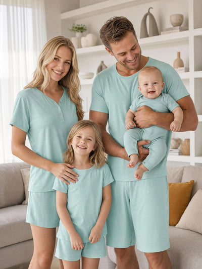 Bamboo Family Pajamas Solid Color Green Short Sleeve Matching Pajama Set ( Snug-Fitting for Children ) Green