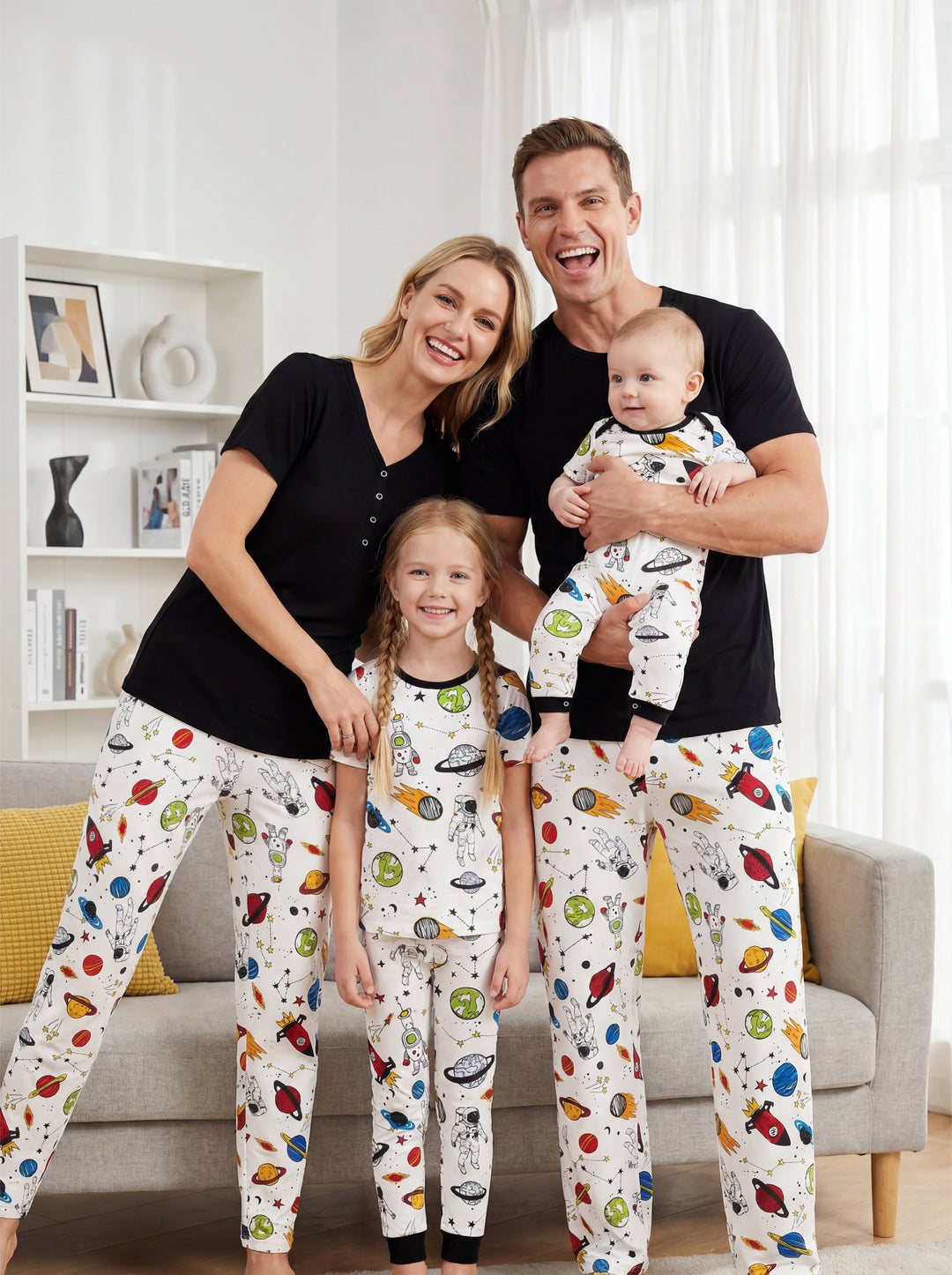 Bamboo Family Pajamas Space Theme Print Short-sleeve Matching Pajama set ( Snug-Fitting for Children ) White
