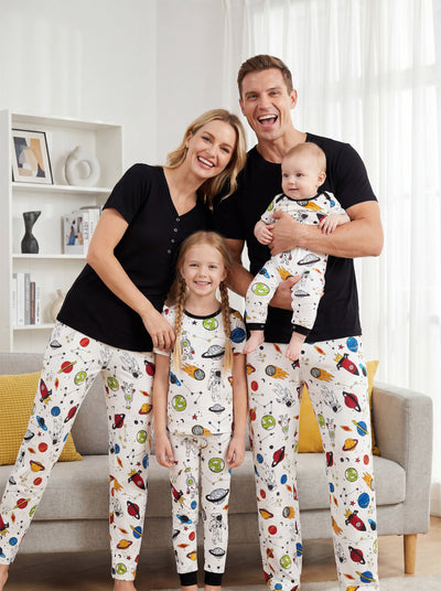 Bamboo Family Pajamas Space Theme Print Short-sleeve Matching Pajama set ( Snug-Fitting for Children ) White