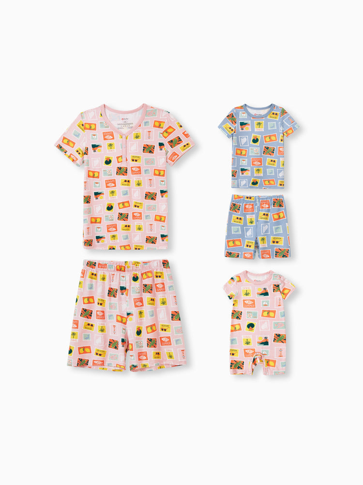 Pijamas familiares de bambú para mamá y niña con estampado de tema vacacional, pijama de manga corta a juego (ajustado para niños) Bloque de color