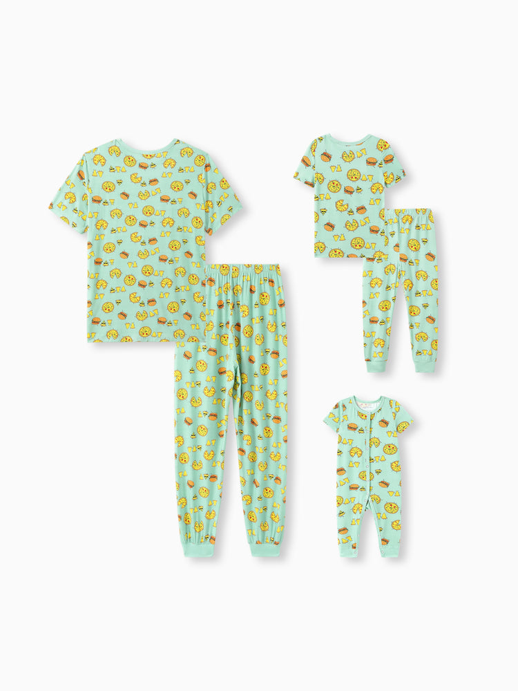 Pijamas familiares de bambú color menta para papá e hijo con estampado de tema de comida de dibujos animados, camiseta de manga corta y pantalones largos, conjunto de pijama a juego (ajustado para niños) Azul claro