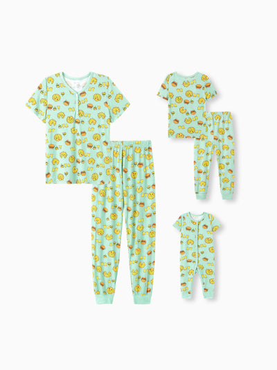 Mommy & me Bamboo Family Mint Green PJs Cute Cartoon Food Theme Print Short Sleeve & Long Pants Sleepwear Matching Pajama set (Snug-Fitting for Children) Light Blue