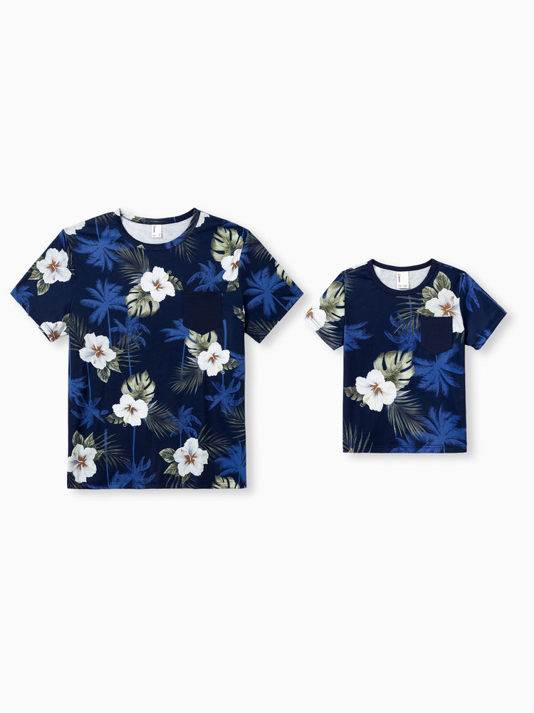 Daddy & Son Floral Print Cotton Top Short-sleeve Shirt Deep Blue