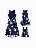 Mommy & me Floral Print Splicing Sleeveless Tank Dress Deep Blue