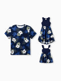 Daddy & Daughter Floral Print Cotton Top Short-sleeve Shirt or Splicing Sleeveless Tank Dress Deep Blue