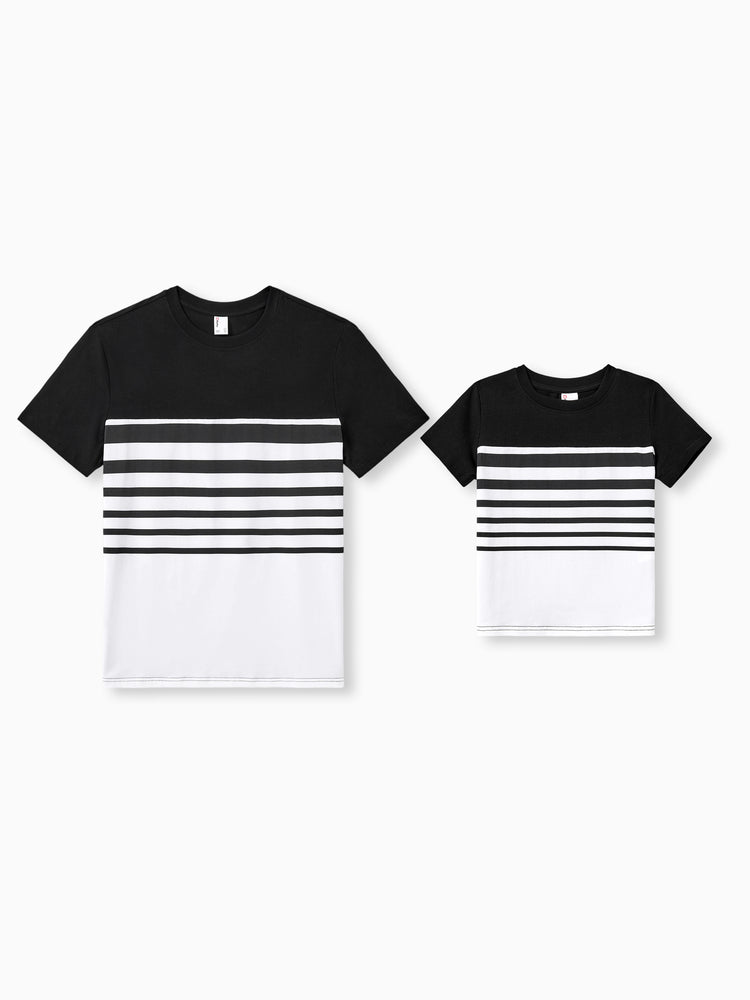 Daddy & Son Cotton Set Black and White Stripe T-shirt Black+White