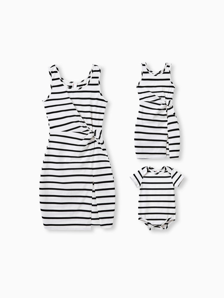 Mommy & me Cotton Set Strap Bodycon Dress Black+White