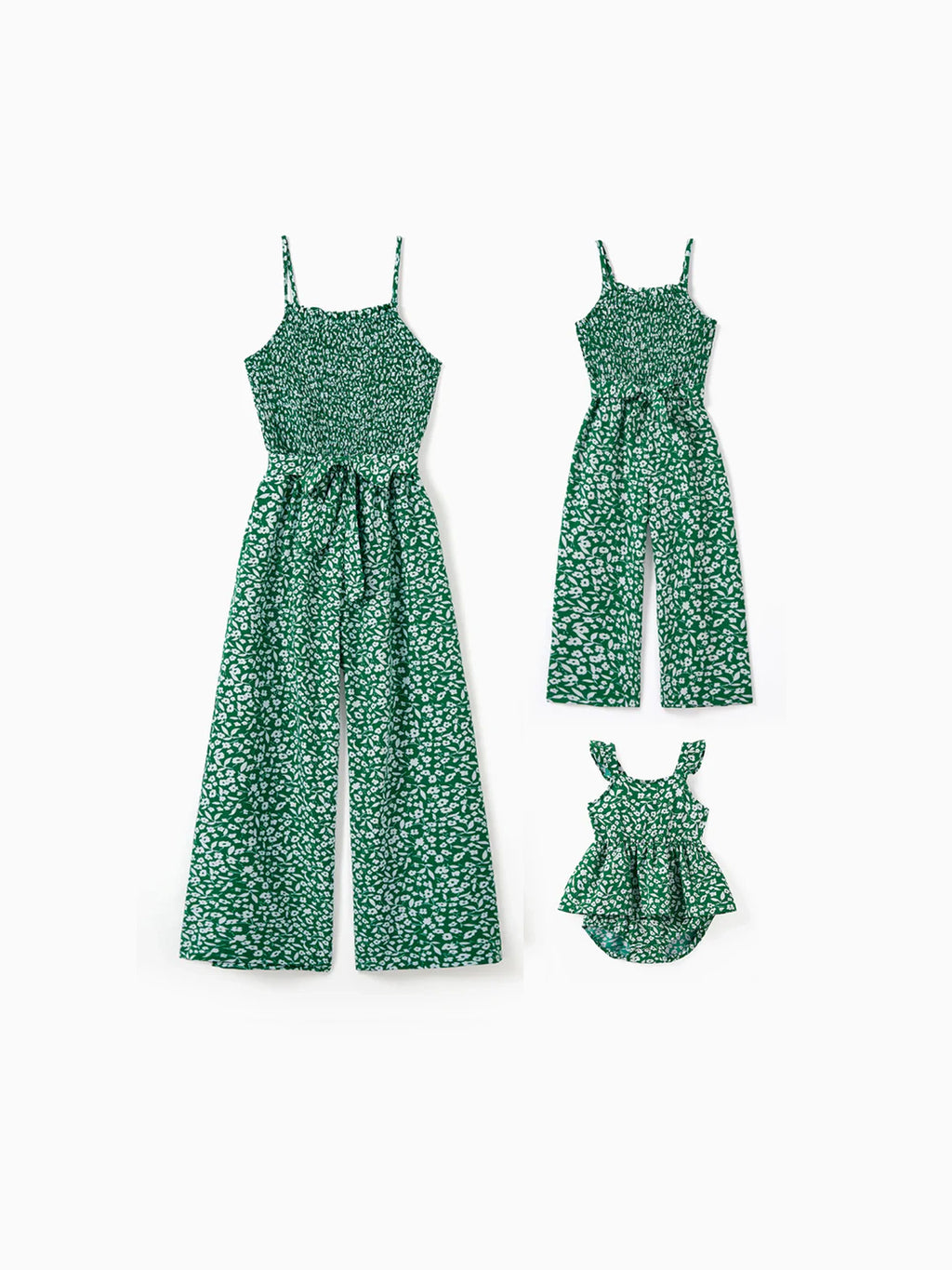 Mom and daughter wearing matching green floral smocked strap jumpsuits - Mother's Day brunch outfit idea from Patpat