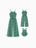 Matching Floral Print Green Smocked Strap Jumpsuits for Mommy and Me Green
