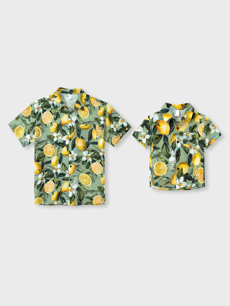 Daddy & Son Outfits – Lemon Print Hawaiian Shirts  – Tropical Vacation Clothes for Men & Kids Green