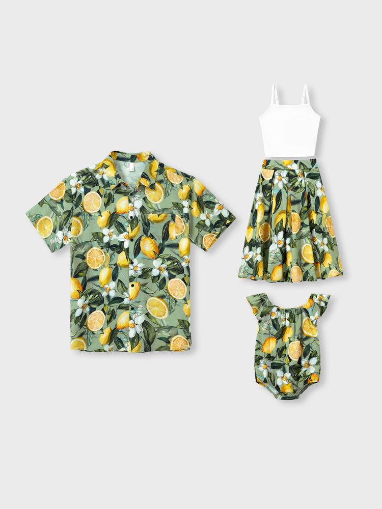 Daddy & Daughter Outfits – Lemon Print Hawaiian Shirts & Summer Dresses – Tropical Vacation Clothes for Men, Women & Kids Green