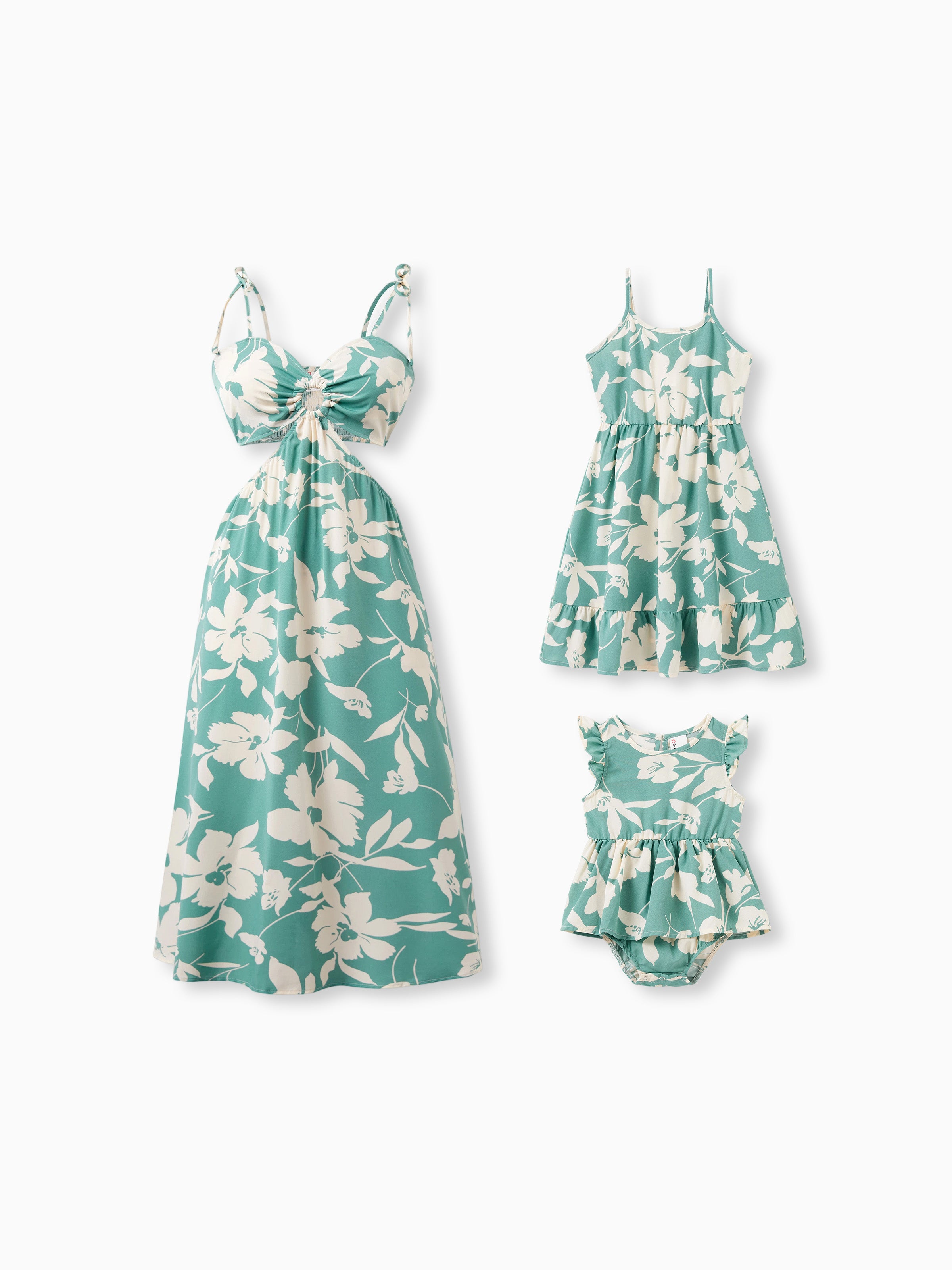 Mommy & me Leaf Print Green Sling Shirred Dress Set Green - PatPat Mommy & me Leaf Print Green Sling Shirred Dress Set Green - PatPat