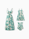 Mommy & me Leaf Print Green Sling Shirred Dress Set Green