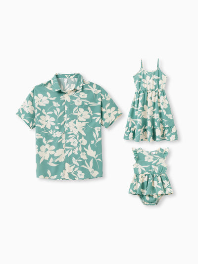 Daddy & Daughter Leaf Print Green Short-sleeve Shirt or Sling Shirred Dress Set Green