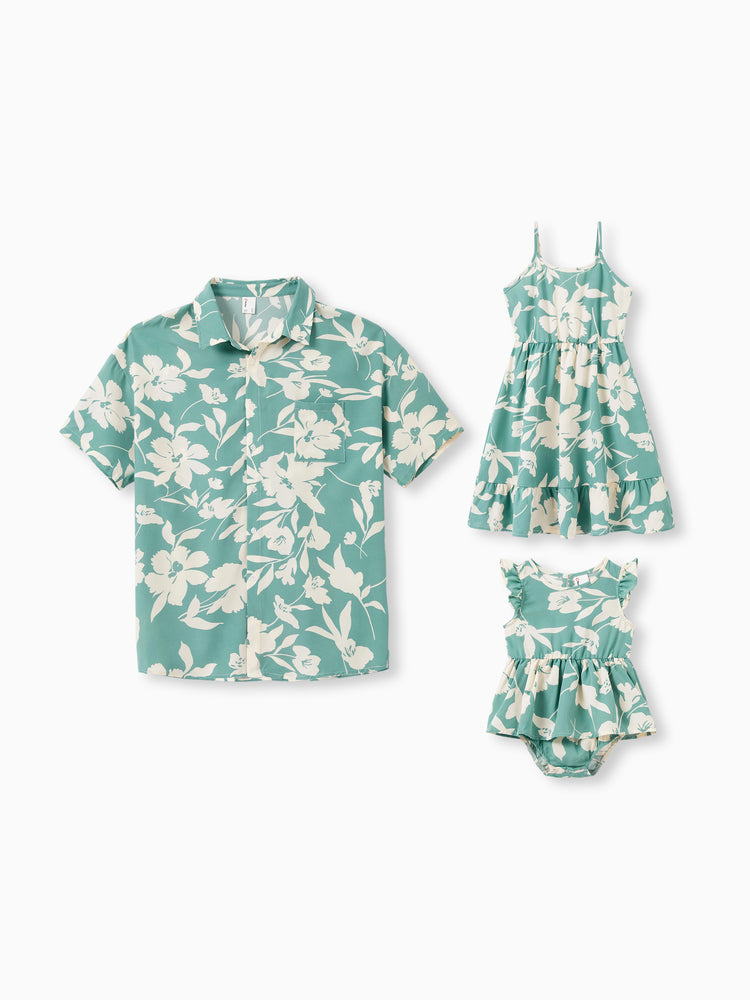 Daddy & Daughter Leaf Print Green Short-sleeve Shirt or Sling Shirred Dress Set Green