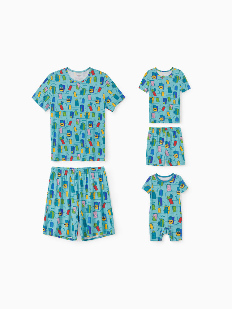 Daddy & Son Bamboo Family Pajamas Cartoon Print Short-sleeve Matching Pajama set ( Snug-Fitting for Children ) Green