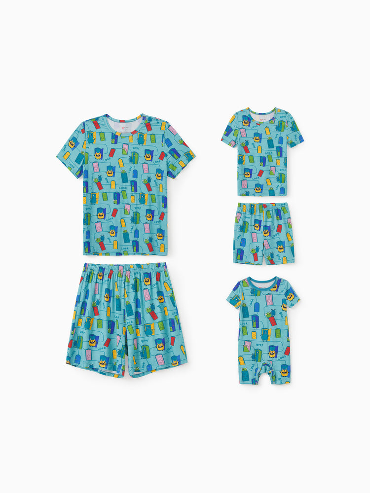Mommy & me Bamboo Family Pajamas Cartoon Print Short-sleeve Matching Pajama set ( Snug-Fitting for Children ) Green