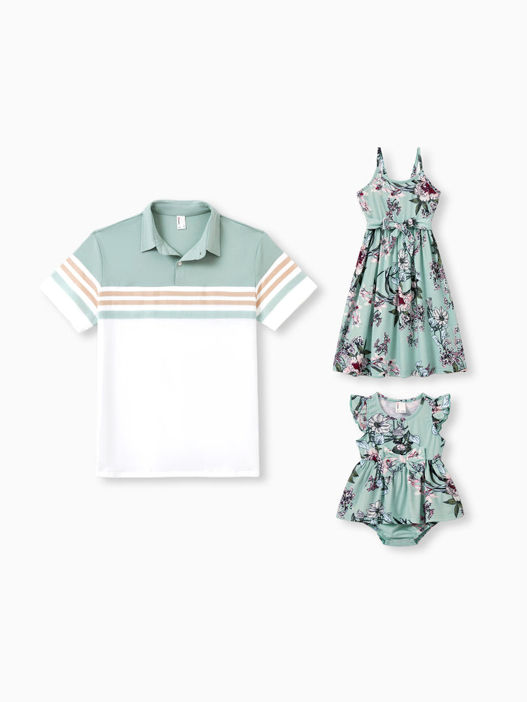 Daddy & Daughter Sets Green Striped Polo Shirt or Flora Print Strap Belted Dress Light Green