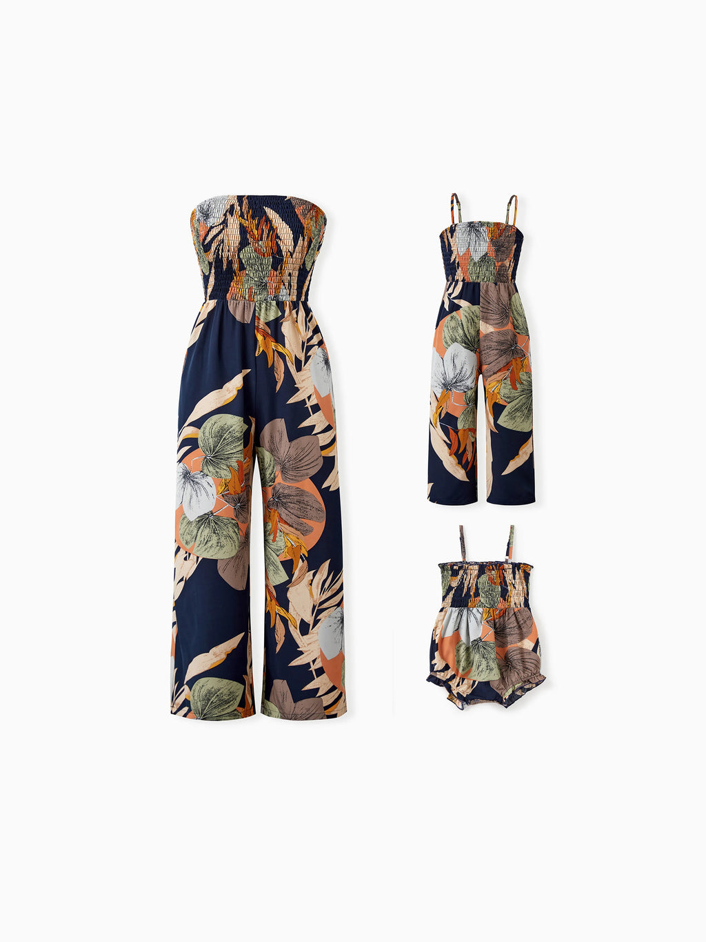 Pregnant mom in a deep blue tropical floral smocked wide-leg jumpsuit - bump-friendly Mother's Day outfit from Patpat