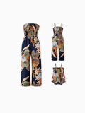 Family Matching Tropical Floral Print Smocked Top Strap Wide-Leg Jumpsuits for Mommy and Me Deep Blue