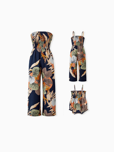 Family Matching Tropical Floral Print Smocked Top Strap Wide-Leg Jumpsuits for Mommy and Me Deep Blue