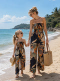 Family Matching Tropical Floral Print Smocked Top Strap Wide-Leg Jumpsuits for Mommy and Me Deep Blue