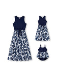 Mommy and Me Family Matching Cotton Tee Flora Print Splicing Shirt or Tank Dress Deep Blue